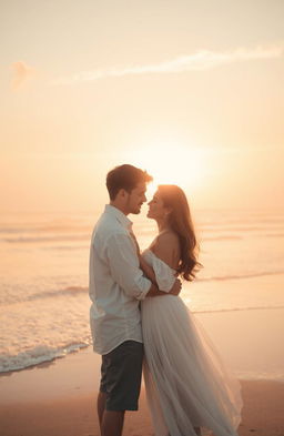 A romantic scene depicting a couple sharing a tender moment amidst a soft, dreamy landscape
