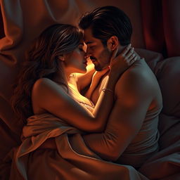 A highly stylized and artistic representation of a sensual couple engaged in a passionate embrace, surrounded by soft, ambient lighting, with an intimate and romantic atmosphere