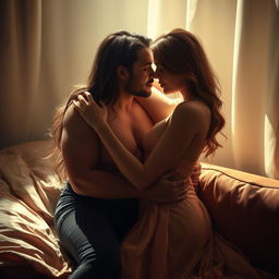 A highly stylized and artistic representation of a sensual couple engaged in a passionate embrace, surrounded by soft, ambient lighting, with an intimate and romantic atmosphere