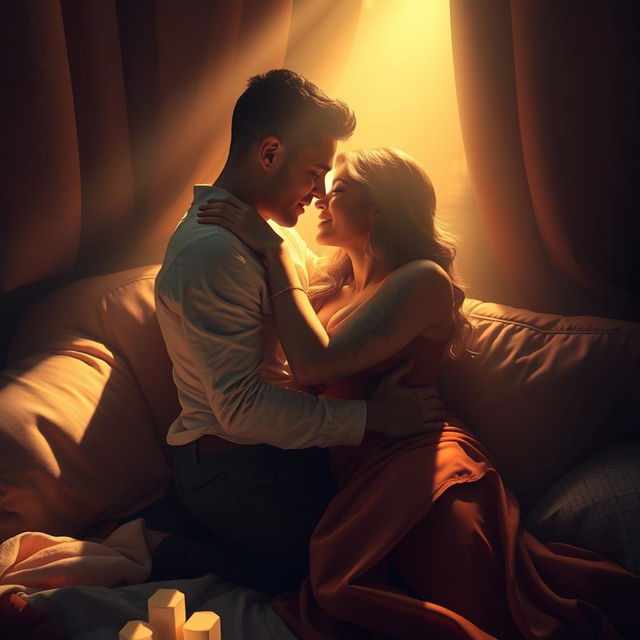 A highly stylized and artistic representation of a sensual couple engaged in a passionate embrace, surrounded by soft, ambient lighting, with an intimate and romantic atmosphere