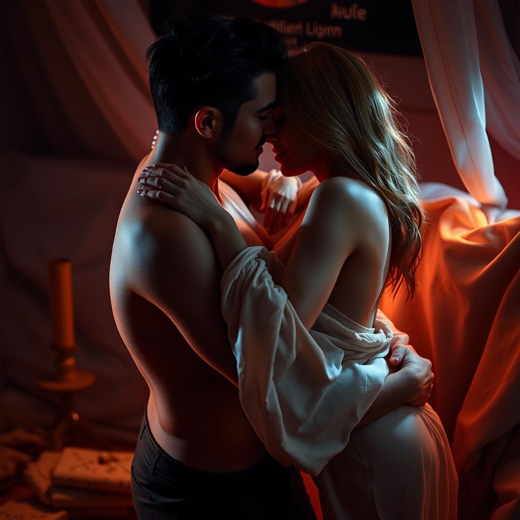 A highly stylized and artistic representation of a sensual couple engaged in a passionate embrace, surrounded by soft, ambient lighting, with an intimate and romantic atmosphere