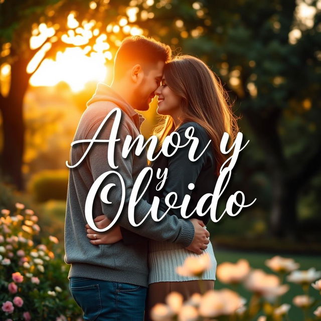 A beautiful book cover design for 'Amor y Olvido' featuring two people – a man and a woman – in an intimate embrace in a picturesque park during the golden hour