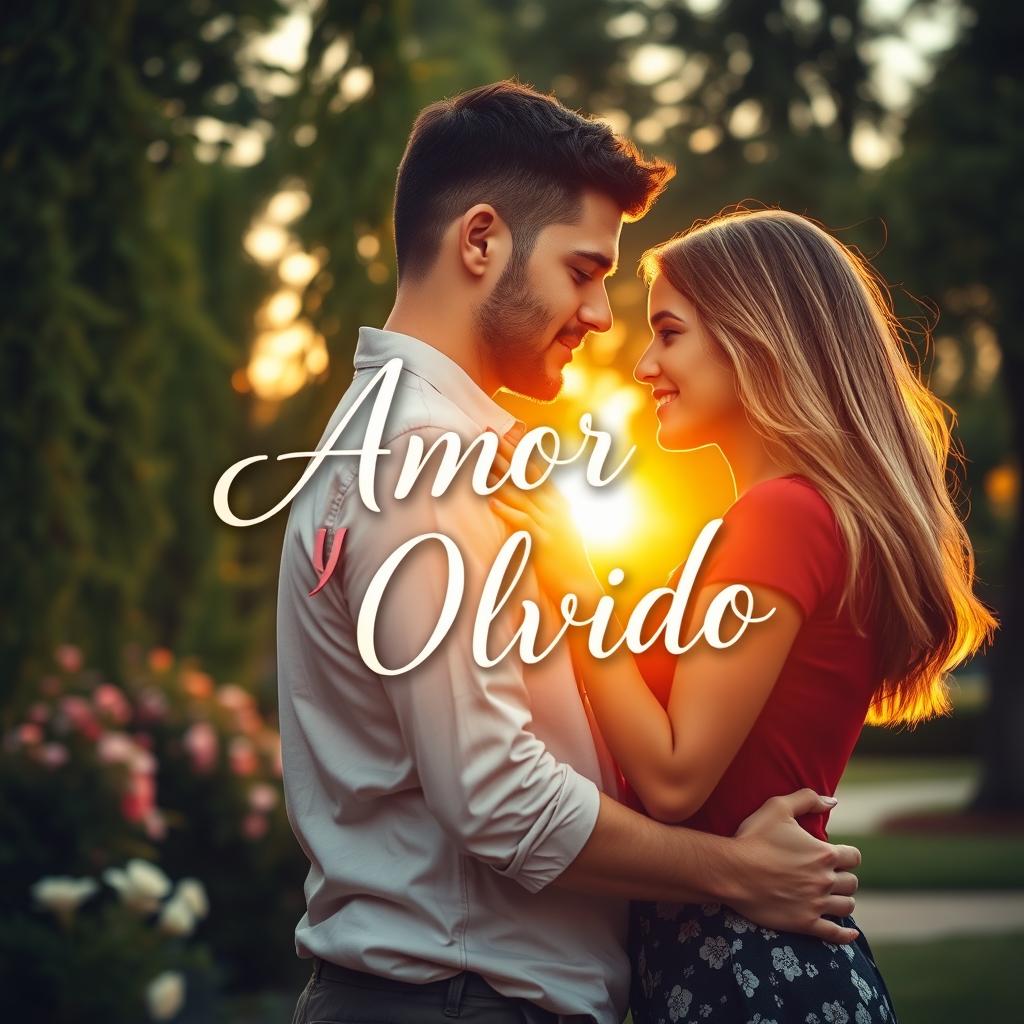 A beautiful book cover design for 'Amor y Olvido' featuring two people – a man and a woman – in an intimate embrace in a picturesque park during the golden hour