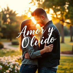 A beautiful book cover design for 'Amor y Olvido' featuring two people – a man and a woman – in an intimate embrace in a picturesque park during the golden hour