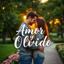 A beautiful book cover design for 'Amor y Olvido' featuring two people – a man and a woman – in an intimate embrace in a picturesque park during the golden hour