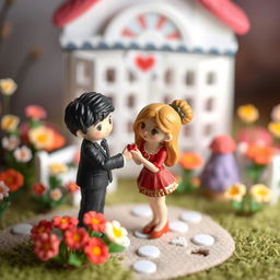A playful scene featuring a collection of adorable and intricately detailed miniature figurines engaged in a whimsical, romantic pose