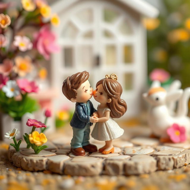 A playful scene featuring a collection of adorable and intricately detailed miniature figurines engaged in a whimsical, romantic pose