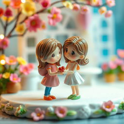 A playful scene featuring a collection of adorable and intricately detailed miniature figurines engaged in a whimsical, romantic pose
