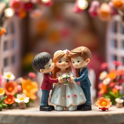 A playful scene featuring a collection of adorable and intricately detailed miniature figurines engaged in a whimsical, romantic pose