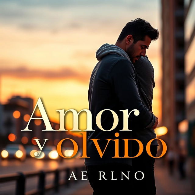 A striking book cover design for 'Amor y Olvido', featuring two men in a heartfelt embrace in an urban setting at dusk