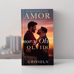 A striking book cover design for 'Amor y Olvido', featuring two men in a heartfelt embrace in an urban setting at dusk