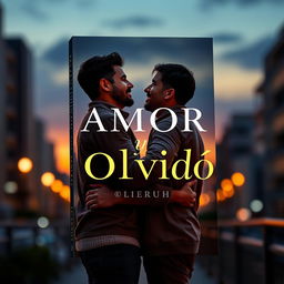 A striking book cover design for 'Amor y Olvido', featuring two men in a heartfelt embrace in an urban setting at dusk