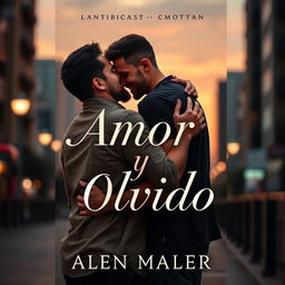 A striking book cover design for 'Amor y Olvido', featuring two men in a heartfelt embrace in an urban setting at dusk