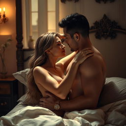 An intimate and romantic scene depicting two adult figures in an artistic, sensual embrace, surrounded by an elegant bedroom setting with soft, ambient lighting