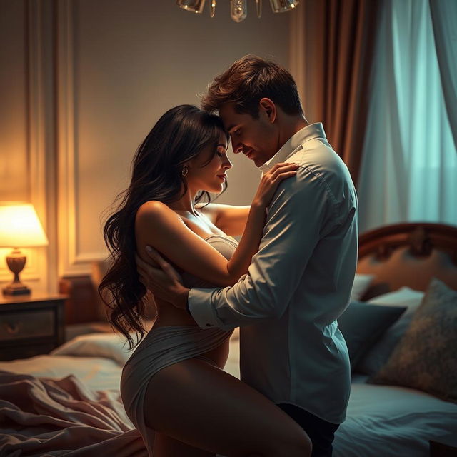 An intimate and romantic scene depicting two adult figures in an artistic, sensual embrace, surrounded by an elegant bedroom setting with soft, ambient lighting