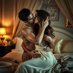 An intimate and romantic scene depicting two adult figures in an artistic, sensual embrace, surrounded by an elegant bedroom setting with soft, ambient lighting