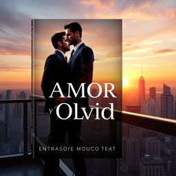 A sophisticated book cover design for 'Amor y Olvido' featuring two businessmen in a dynamic urban setting