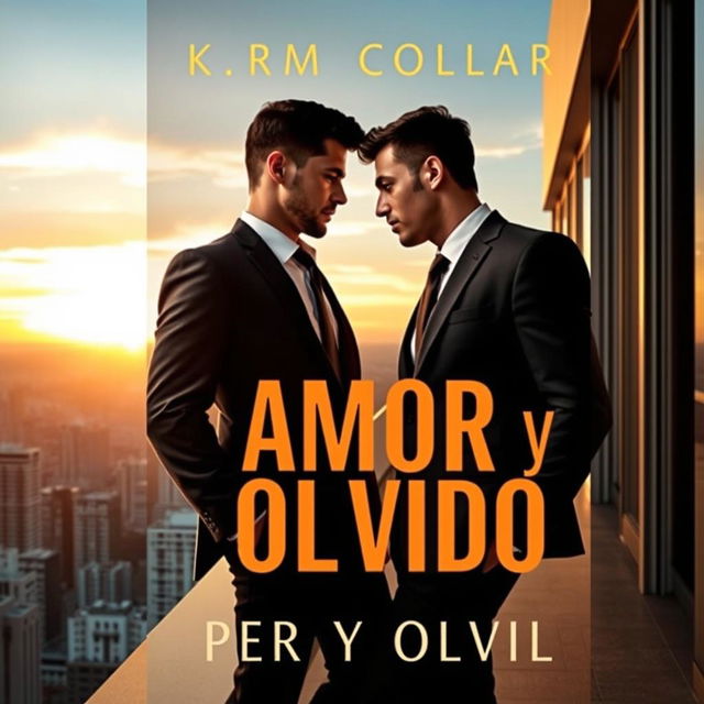 A sophisticated book cover design for 'Amor y Olvido' featuring two businessmen in a dynamic urban setting