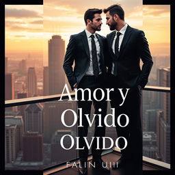 A sophisticated book cover design for 'Amor y Olvido' featuring two businessmen in a dynamic urban setting