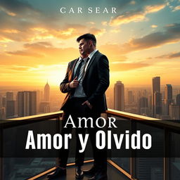 A sophisticated book cover design for 'Amor y Olvido' featuring two businessmen in a dynamic urban setting