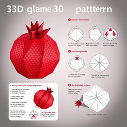 A detailed 3D pattern for an origami pomegranate, showcasing intricate folds and designs that represent the texture and shape of a real pomegranate