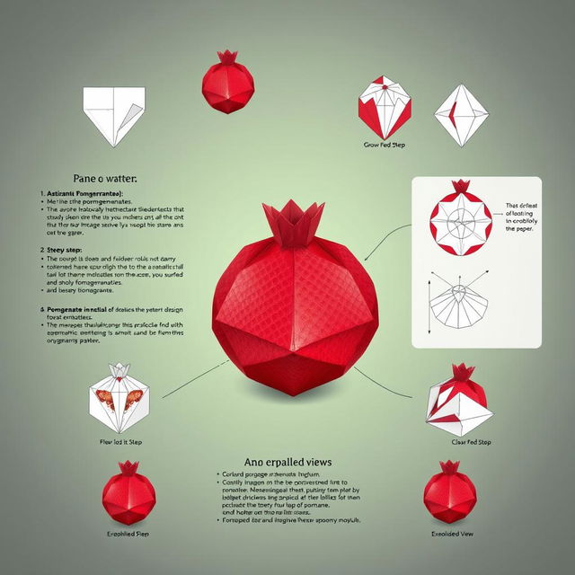 A detailed 3D pattern for an origami pomegranate, showcasing intricate folds and designs that represent the texture and shape of a real pomegranate