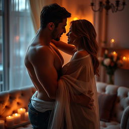 A sensual and intimate scene featuring a couple exploring their affection for each other in a beautifully lit room