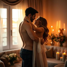 A sensual and intimate scene featuring a couple exploring their affection for each other in a beautifully lit room