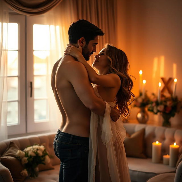 A sensual and intimate scene featuring a couple exploring their affection for each other in a beautifully lit room