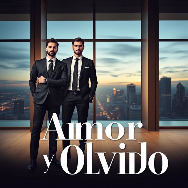 An elegant book cover design for 'Amor y Olvido' featuring two businessmen standing confidently in a modern office setting