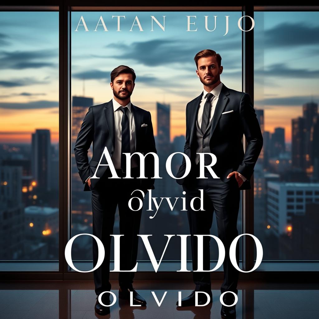 An elegant book cover design for 'Amor y Olvido' featuring two businessmen standing confidently in a modern office setting