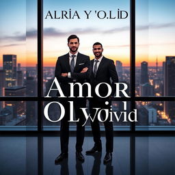 An elegant book cover design for 'Amor y Olvido' featuring two businessmen standing confidently in a modern office setting