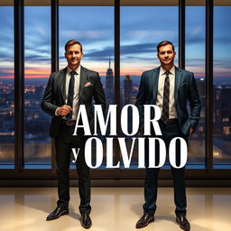 An elegant book cover design for 'Amor y Olvido' featuring two businessmen standing confidently in a modern office setting