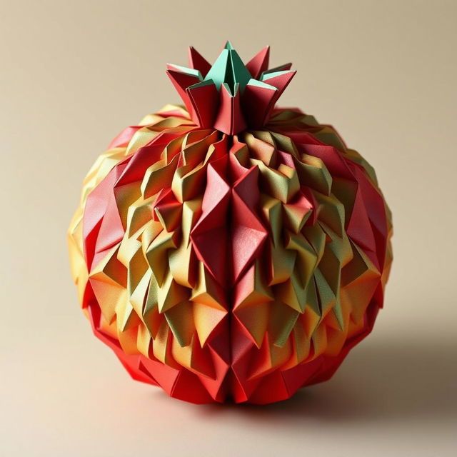 A stunning 3D origami pattern of a pomegranate, showcasing intricate folds and textures