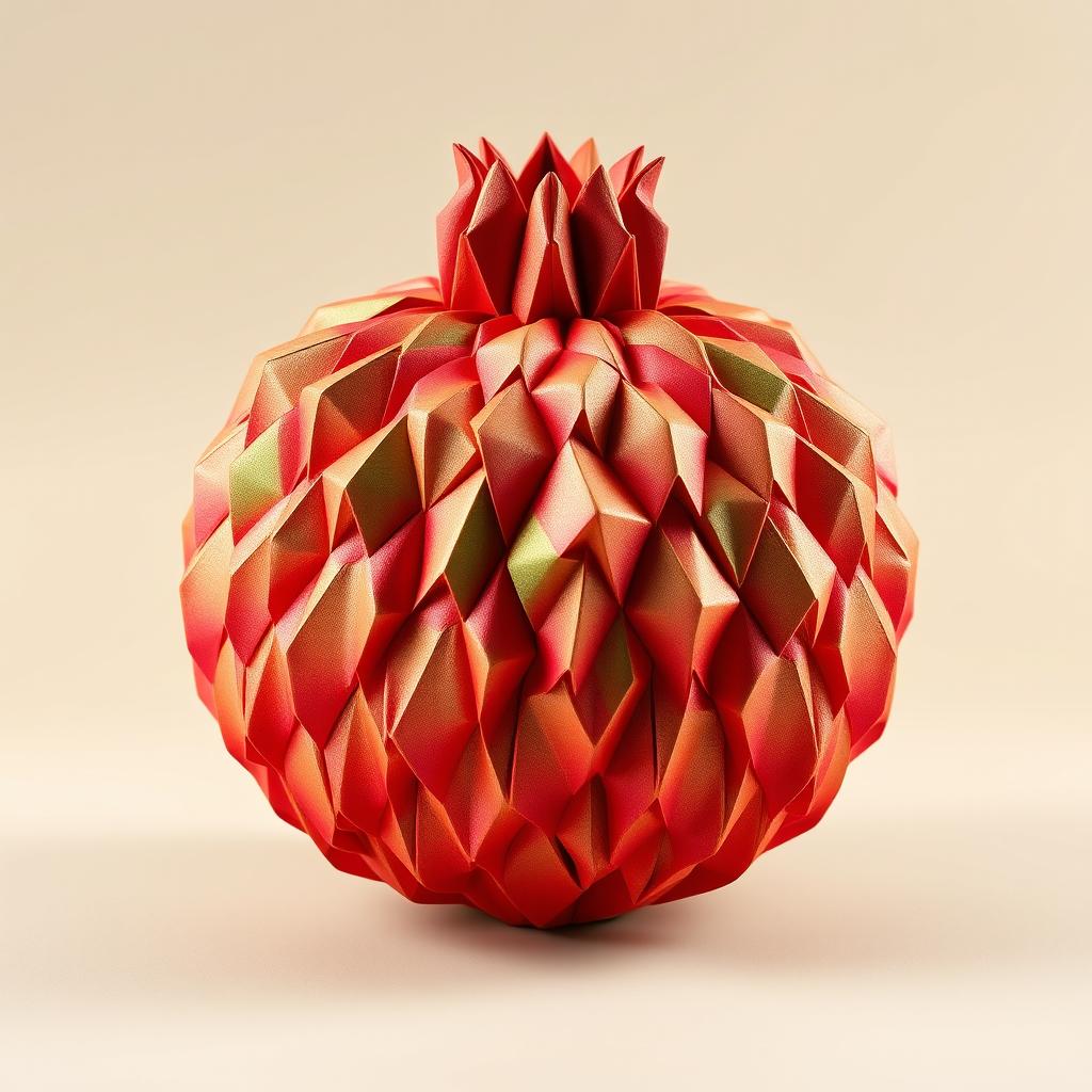 A stunning 3D origami pattern of a pomegranate, showcasing intricate folds and textures