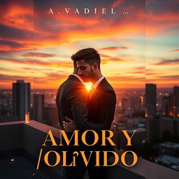 An elegant book cover design for 'Amor y Olvido', featuring two gay businessmen in a tender moment on a rooftop overlooking a vibrant city at twilight