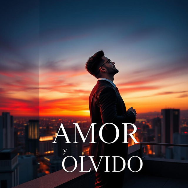 An elegant book cover design for 'Amor y Olvido', featuring two gay businessmen in a tender moment on a rooftop overlooking a vibrant city at twilight