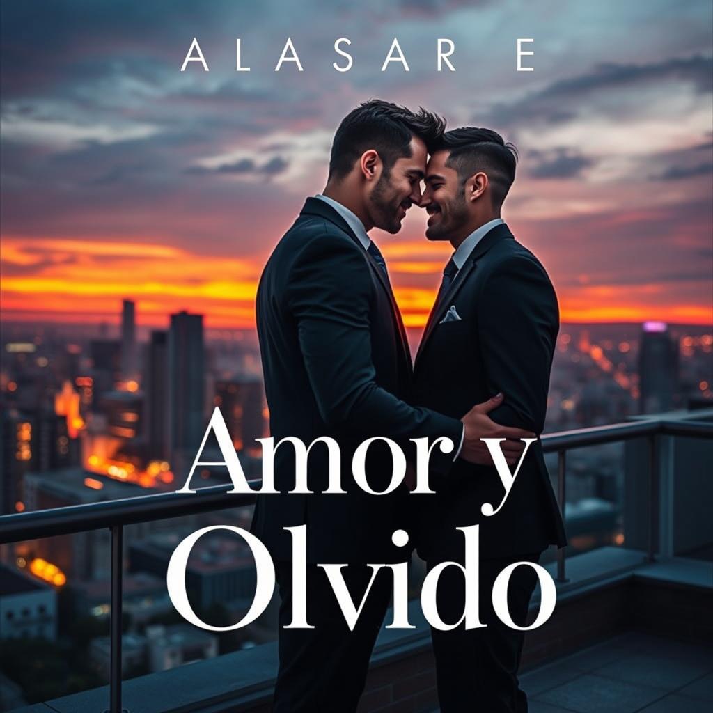 An elegant book cover design for 'Amor y Olvido', featuring two gay businessmen in a tender moment on a rooftop overlooking a vibrant city at twilight