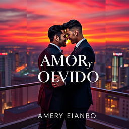 An elegant book cover design for 'Amor y Olvido', featuring two gay businessmen in a tender moment on a rooftop overlooking a vibrant city at twilight