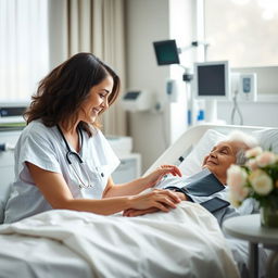A nursing scene showcasing a healthcare professional gently caring for a patient in a hospital room