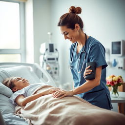 A nursing scene showcasing a healthcare professional gently caring for a patient in a hospital room