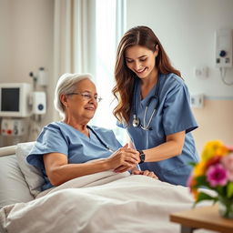 A nursing scene showcasing a healthcare professional gently caring for a patient in a hospital room