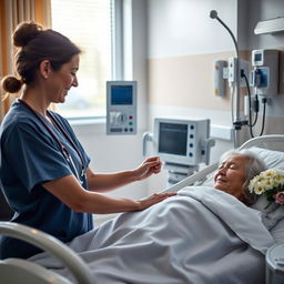 A nursing scene showcasing a healthcare professional gently caring for a patient in a hospital room