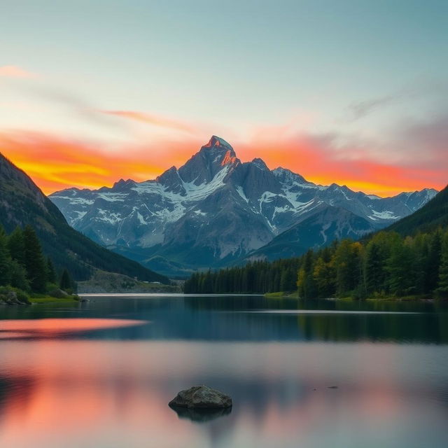 A stunning and serene landscape featuring a majestic mountain range at sunrise, with the sky painted in shades of orange, pink, and soft blue