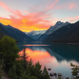 A stunning and serene landscape featuring a majestic mountain range at sunrise, with the sky painted in shades of orange, pink, and soft blue