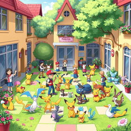 A lively and colorful scene set in a Pokémon school, filled with young trainers interacting with their Pokémon