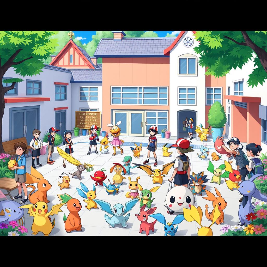 A lively and colorful scene set in a Pokémon school, filled with young trainers interacting with their Pokémon