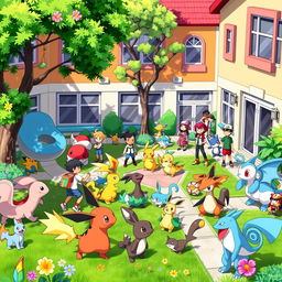 A lively and colorful scene set in a Pokémon school, filled with young trainers interacting with their Pokémon