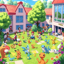 A lively and colorful scene set in a Pokémon school, filled with young trainers interacting with their Pokémon
