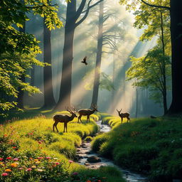 A lush forest scene at dawn, with light filtering through the leaves, creating a magical atmosphere